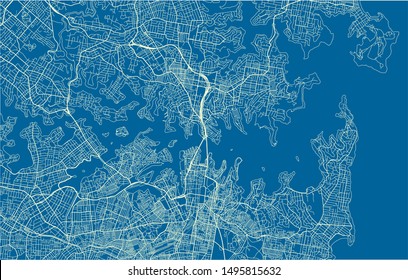 Blue and White vector city map of Sydney with well organized separated layers.