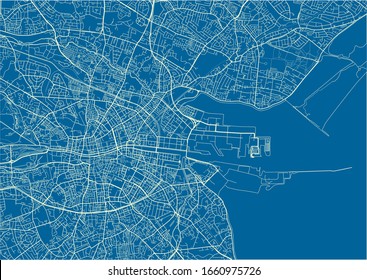 Blue and White vector city map of Dublin with well organized separated layers.