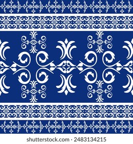 Blue and white vector damask seamless pattern element. Classic luxury Baroque ornament, Royal Victorian seamless texture for wallpaper, textiles, and packaging. Exquisite baroque floral pattern.