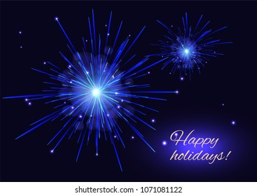 Blue white vector fireworks greeting card, copy space. Independence Day 4th of July, New Year holidays background.