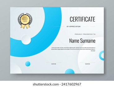 Modelo de certificado moderno de vector azul y blanco y gradiente para empresas o premios