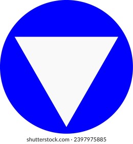 Blue and white vector graphic of a circle containing a white triangle