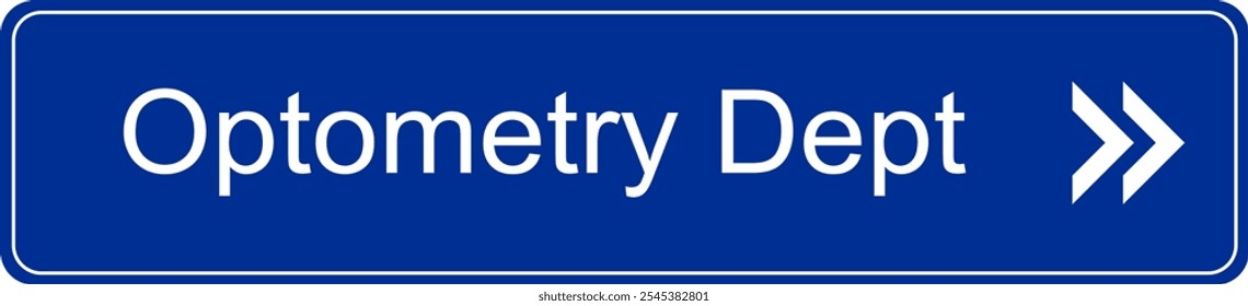 Blue and white vector graphic of a direction sign inside a hospital pointing to the optometry department