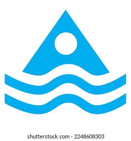 Blue and white vector graphic of a map symbol for water sports centre. It consists of a blue silhouette of a triangle floating above the waves