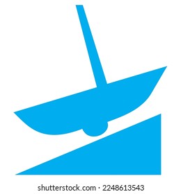 Blue and white vector graphic of a map symbol for a slipway. It consists of a blue silhouette of a sailing boat on a simple ramp