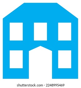 Blue and white vector graphic of a map symbol for a historic house. It consists of a blue silhouette of a stylised old building on a white background