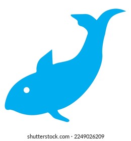 Gráfico vectorial azul y blanco de un símbolo de mapa para una ubicación de pesca. Consiste en una silueta azul de un pez estilizado sobre un fondo blanco