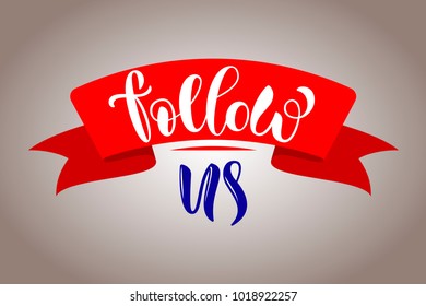 Blue and white vector hand sketched Follow us lettering typography on beige background with red ribbon for Article, news, movie, business, video, invitation, ticket, bloggers, Internet Site,  shopping