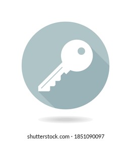 Blue and white vector key icon in the circle. Flat design and long shadow