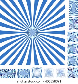 Blue and white vector ray burst design background set. Different color, gradient, screen, paper size versions.