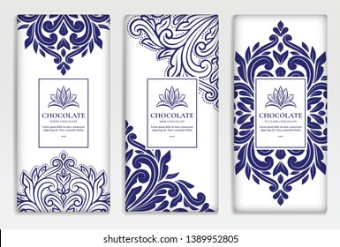 Blue and white vector set of chocolate bar packaging design. Luxury vintage template with ornament elements. Can be used for background and wallpaper. Great for food and drink package types.