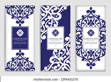 Blue and white vector set of chocolate bar packaging design. Luxury vintage template with ornament elements. Can be used for background and wallpaper. Great for food and drink package types.