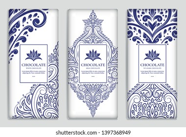 Blue and white vector set of chocolate bar packaging design. Luxury vintage template with ornament elements. Can be used for background and wallpaper. Great for food and drink package types.