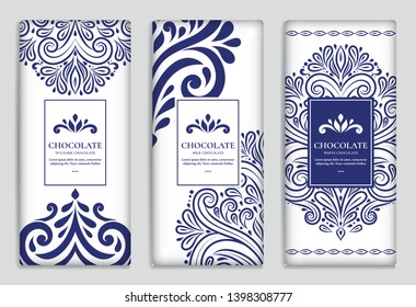 Blue and white vector set of chocolate bar packaging design. Luxury vintage template with ornament elements. Can be used for background and wallpaper. Great for food and drink package types.