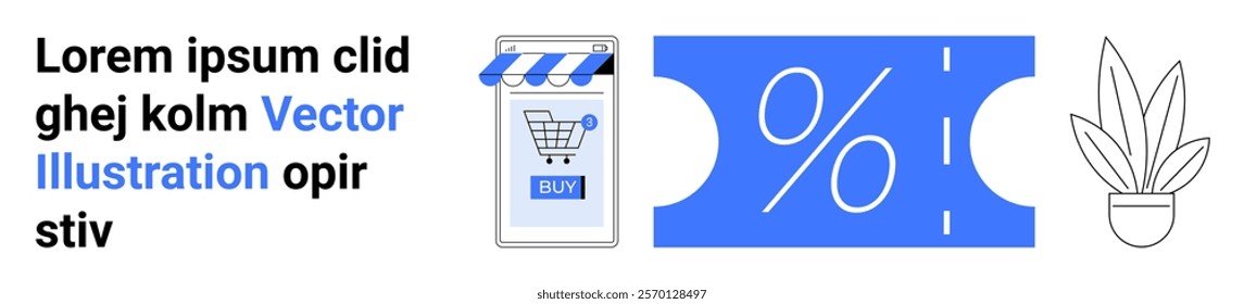 A blue and white vector of a smartphone with a shopping cart icon, a discount coupon symbol, and a plant. Ideal for online shopping, e-commerce, discounts, promotions, mobile apps. Banner for landing