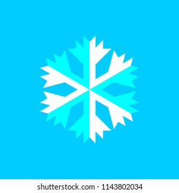 Blue and white vector snowflake icon on blue background.