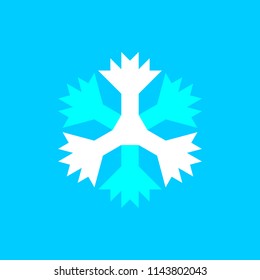 Blue and white vector snowflake icon on blue background.