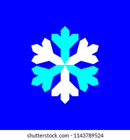 Blue and white vector snowflake symbol on blue background.