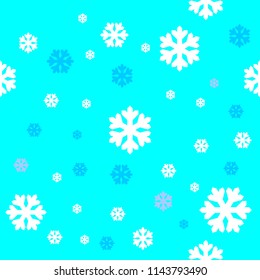 Blue and white vector snowflakes symbol pattern on blue background.