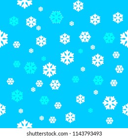 Blue and white vector snowflakes symbol pattern on blue background.