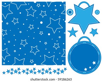 Blue and white vector star pattern, tags and border