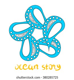 Blue and white vector texture with fancy sea shells, "Ocean Story" text