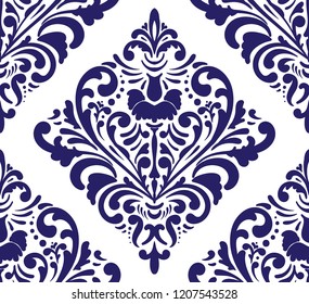 Blue and white vintage classic ornament. Seamless damask pattern. Elegant classic texture. Luxury Royal, Victorian, Baroque elements. Suitable for fabric, textile, wallpaper. Floral vector background.