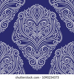 Blue and white vintage seamless pattern. Paisley elements. Ornament. Traditional, Ethnic, Turkish, Indian motifs. Great for fabric and textile, wallpaper, packaging or any desired idea.