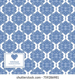 Blue and white vintage seamless pattern. Ornament, Traditional, Ethnic, Arabic, Turkish, Indian motifs. Great for fabric and textile, wallpaper, packaging or any desired idea. 