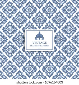 Blue and white vintage vector seamless pattern, wallpaper. Elegant classic texture. Luxury ornament. Royal, Victorian, Baroque elements. Great for fabric and textile, wallpaper, or any desired idea