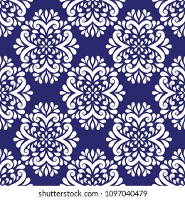 Blue and white vintage vector seamless pattern, wallpaper. Elegant classic texture. Luxury ornament. Royal, Victorian, Baroque elements. Great for fabric and textile, wallpaper, or any desired idea.