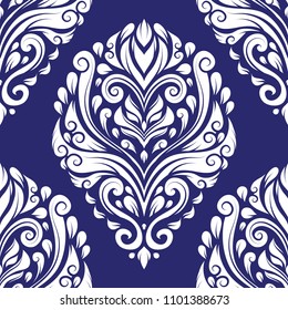 Blue and white vintage vector seamless pattern, wallpaper. Elegant classic texture. Luxury ornament. Royal, Victorian, Baroque elements. Great for fabric and textile, wallpaper, or any desired idea.