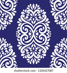 Blue and white vintage vector seamless pattern, wallpaper. Elegant classic texture. Luxury ornament. Royal, Victorian, Baroque elements. Great for fabric and textile, wallpaper, or any desired idea.