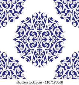 Blue and white vintage vector seamless pattern, wallpaper. Elegant classic texture. Luxury ornament. Royal, Victorian, Baroque elements. Great for fabric and textile, wallpaper, or any desired idea.