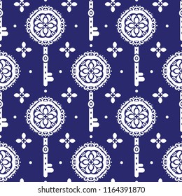 Blue and white vintage vector seamless pattern with keys, wallpaper. Elegant classic texture. Luxury ornament. Traditional,Turkish, Indian motifs. Great for fabric and textile, wallpaper, packaging.