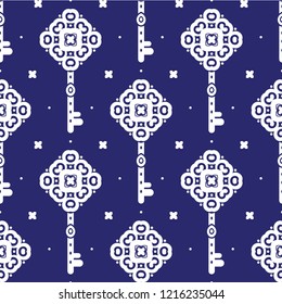 Blue and white vintage vector seamless pattern with keys, wallpaper. Elegant classic texture. Luxury ornament. Traditional,Turkish, Indian motifs. Great for fabric and textile, wallpaper, packaging.