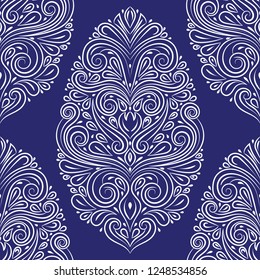 Blue and white vintage vector seamless pattern, wallpaper. Elegant classic texture. Luxury ornament. Royal, Victorian, Baroque elements. Great for fabric and textile, wallpaper, or any desired idea.