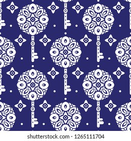 Blue and white vintage vector seamless pattern with keys, wallpaper. Elegant classic texture. Luxury ornament. Traditional,Turkish, Indian motifs. Great for fabric and textile, wallpaper, packaging. 