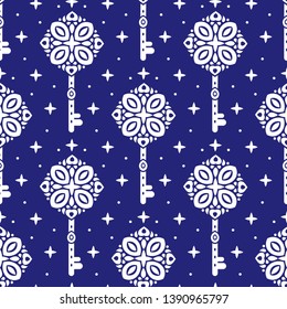 Blue and white vintage vector seamless pattern with keys. Elegant classic texture. Luxury ornament. Traditional,Turkish, Indian motifs. Great for fabric and textile, flyer, wallpaper, packaging.