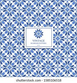 Blue and white vintage vector seamless pattern, wallpaper. Elegant classic texture. Luxury ornament. Great for fabric and textile, wallpaper, or any desired idea.