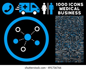 Blue And White Virtual Links vector bicolor rounded icon. Image style is a flat icon symbol inside a circle, black background. Bonus clipart contains 1000 health care business elements.