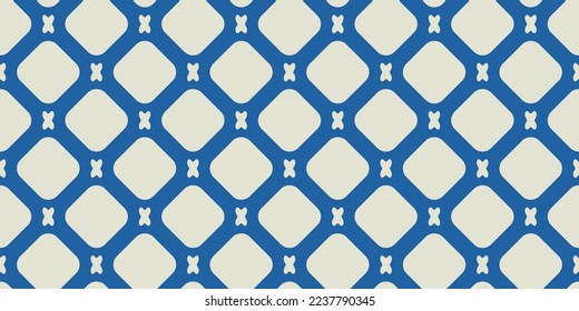 Blue white wallpaper seamless. Small crosses alternate with big rhombuses. Vector decor and print, stylish design of seamless surfaces.