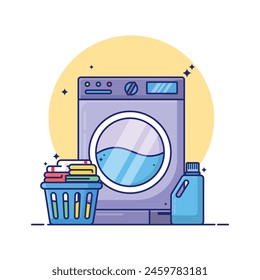 A blue and white washing machine with a basket of clothes and a bottle of detergent. Concept of doing laundry and the importance of cleanliness