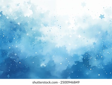 A blue and white watercolor background with stars and clouds vector illustration. Envision a calming setting with a serene blue and white watercolor background, embellished with stars and gentle cloud