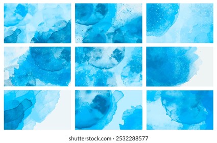 Blue and white watercolor backgrounds, vector illustration set.
