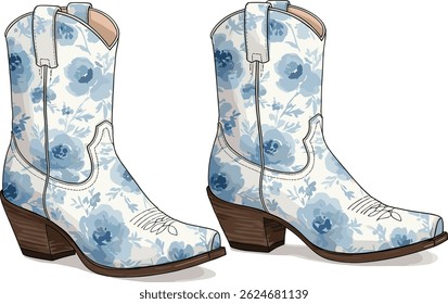 Blue and white Watercolor Cowboy Boots Chinoiserie