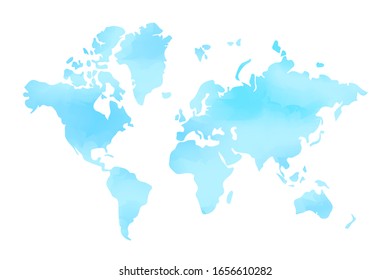 Blue and white watercolor effect texture world map, vector illustration background