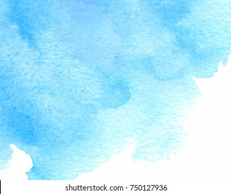 Blue white watercolor paper texture splash card for text design, greeting. Vector abstract hand drawn cold color smudges art background for cover, banner, wallpaper