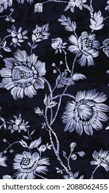 Blue and white watercolor seamless floral embroidery pattern. Folk design with flowers, leaves, embellishments, and texture of a thread. indigo, shibori, blue jeans colors. 