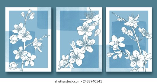 Blue, white watercolor soft backgrounds with hand drawn cherry blossoms, branches, sakura flowers. Gift cards, weddind, branding, cover template. Spring natural design. Wall art triptych.